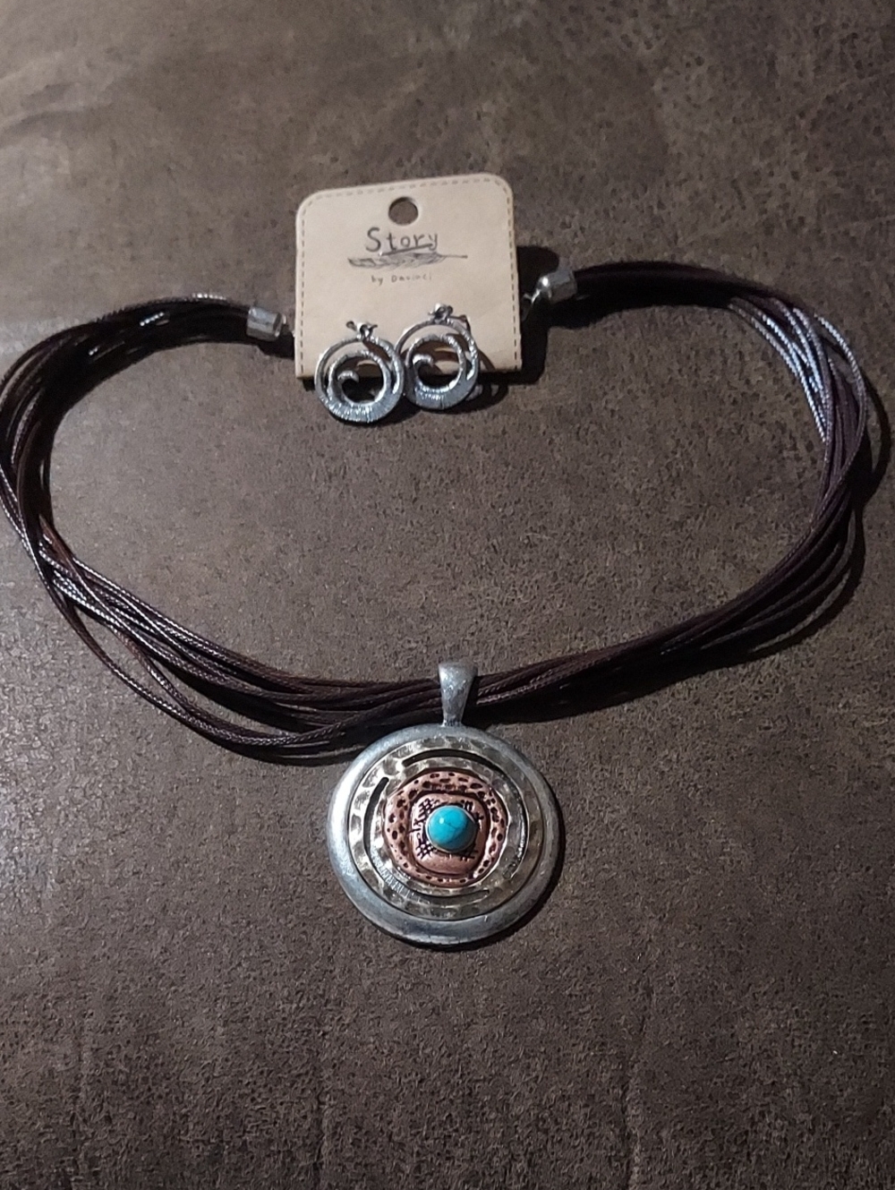 Layered Brown Cord Necklace with Turquoise Center Pendant by Story